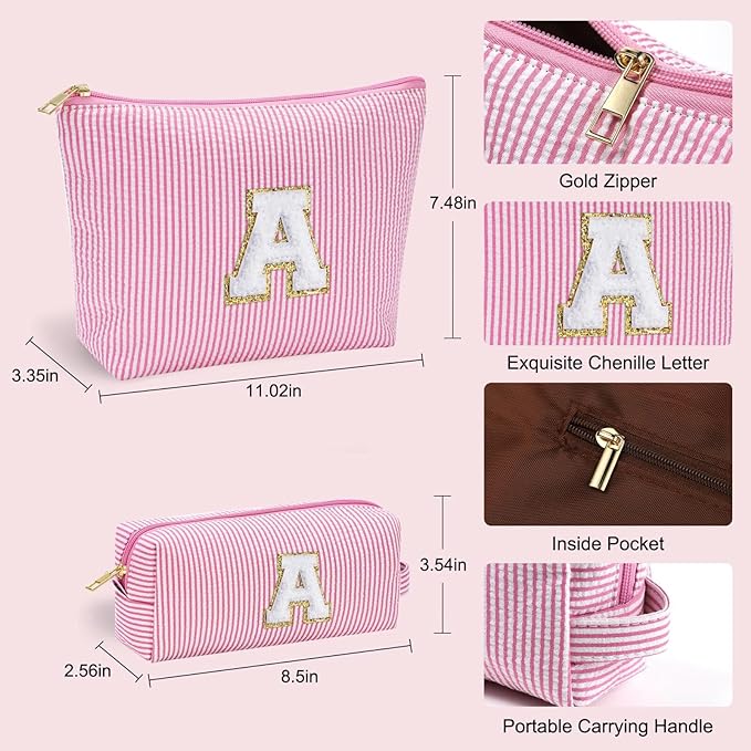 YOOLIFE Travel Makeup Bag Cosmetic Bag - Make Up Bag with Makeup Brush Bag Monogram Makeup Pouch Bag 2 Pieces Cute Makeup Bag Personalized Gifts Best Friend Birthday Gifts for Women Pink Letter Y