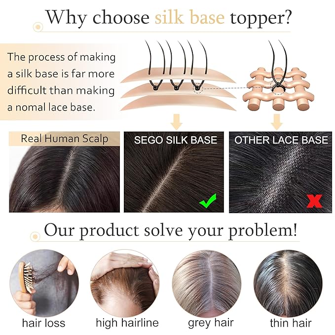 SEGO Grey Hair Toppers for Women Real Human Hair No Bangs, Salt and Pepper Hair Topper, 7 * 13 CM Silk Base Clip In Top Pieces Add Volume -12 Inch G2 Dark Grey Mix
