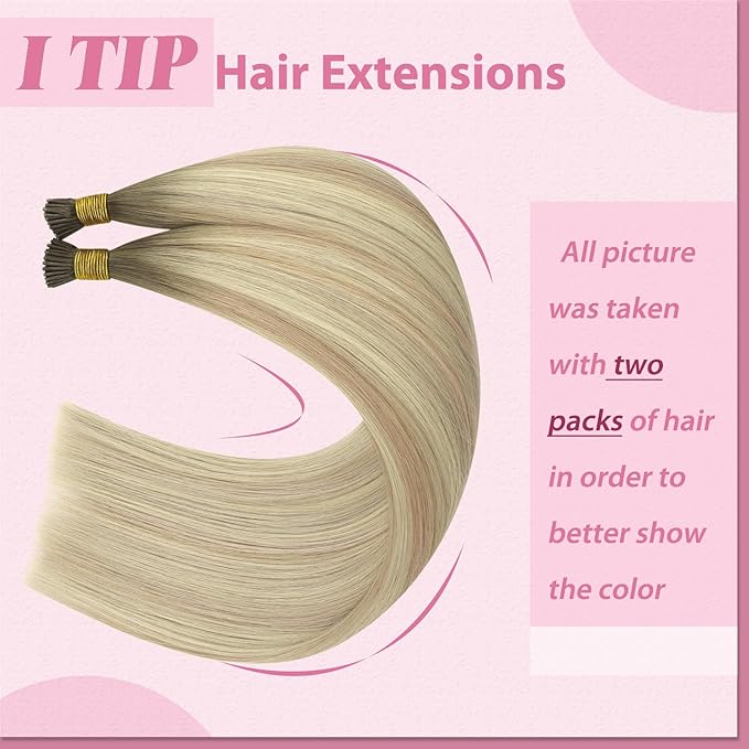 YoungSee I Tip Hair Extensions Human Hair Ombre I Tip Human Hair Extensions Blonde Balayage Platinum Blonde Itip Hair Extension 24 Inch 50g 50s Soft and Lightweight Hair for Long Hair