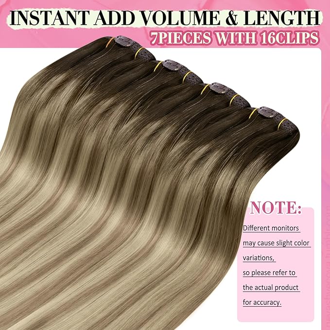 YoungSee 150G Balayage Clip in Hair Extensions Real Human Hair Ombre Hair Extensions Clip ins Walnut Brown Ombre Light Brown with Blonde Clip on Hair Extension for Women 20inch 7pcs