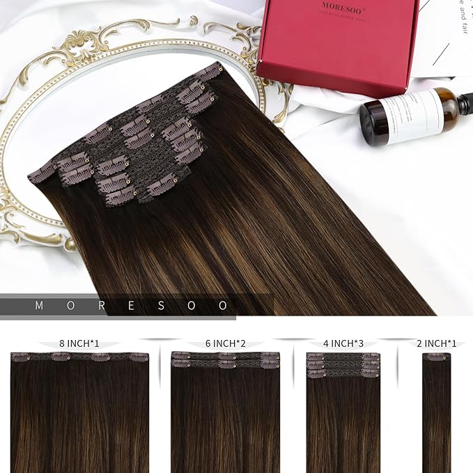 Moresoo Clip in Hair Extensions Real Human Hair Balayage Dark Brown to Chestnut Brown Human Hair Extensions Clip ins Long 16 inch Full Head for Women 120g/7pcs