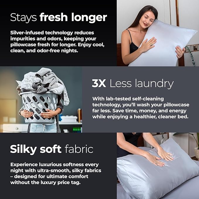 Silvery Silver Infused Pillowcase Set - 2 Pack Self-Cooling Pillowcases with Self-Cleaning Silvery Technology™ for Hygienic Sleep - Luxurious Silky Soft Comfort (Gray, Queen (U.S. Standard))