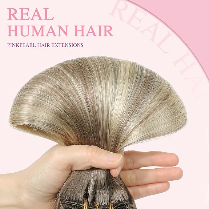 PINKPEARL Human Hair Clip in Hair Extensions 16inch #8T60 Ash Brown to Platinum Blonde Balayage Clip in Hair Extensions Real Human Hair 7pcs 120g Natural Remy Human Hair(#8T60-16)