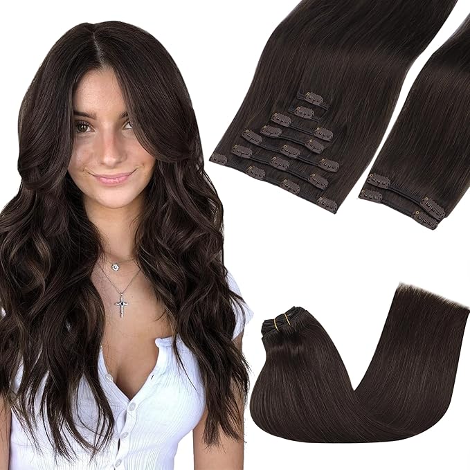 GOO GOO Clip in Hair Extensions Real Human Hair, Remy Human Hair Extensions Clip ins for Women, Natural Human Hair, 14inch 150g 9Pcs, 2A Light Brown
