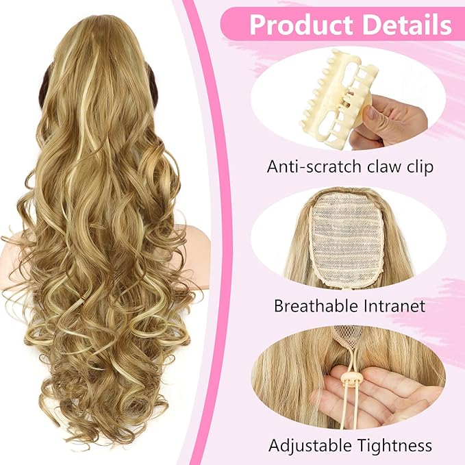 ALXNAN Ponytail Extension,24 Inch Claw Clip in Long Curly Wavy Medium Blonde with Blonde Highlights Ponytail Hair Extension Jaw Clip on Pony Tails Hairpiece for Women