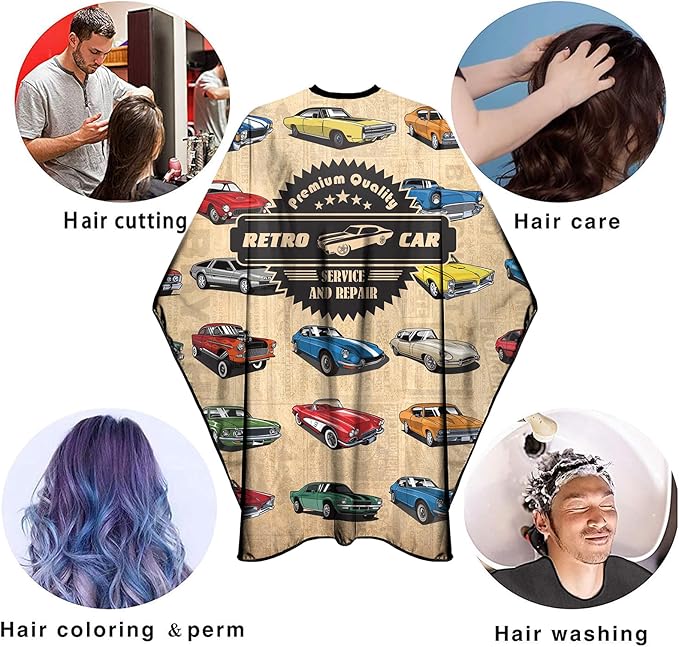 Barber Cape for Men Professional Hair Cutting Salon Cape with Snaps Waterproof Hairdressing Styling Cape Gown Apron- 63”× 56”(Vintage Cars)