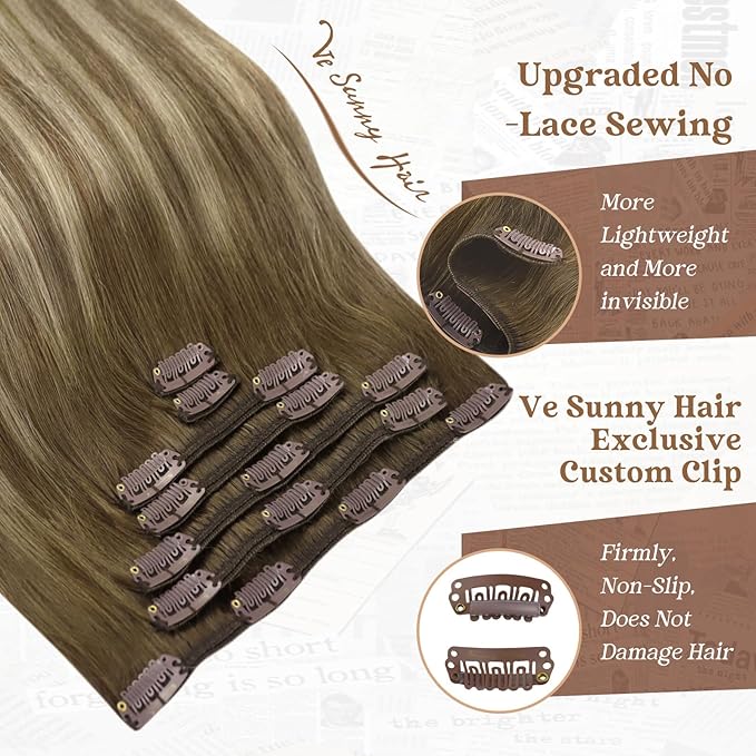 Ve Sunny Human Hair Clip in Extensions Brown Balayage Real Hair Extensions Clip in Human Hair Ombre Brown with Blonde Clip in Hair Extensions Real Human Hair 5pcs 12in 80g