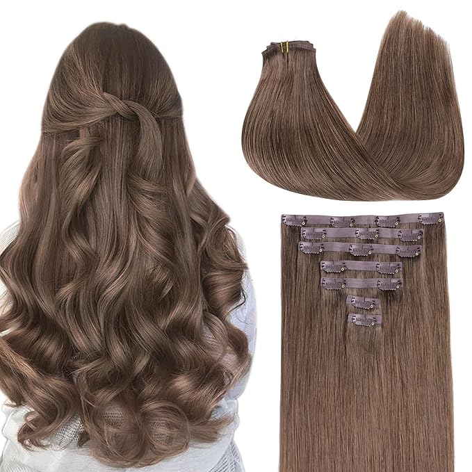 GOO GOO Clip in Hair Extensions Real Human Hair, Remy Human Hair Extensions Clip ins for Women, Natural Human Hair, 20inch 110g 7Pcs, 5 Light Ash Brown