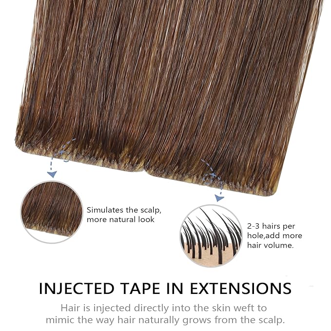 COOKAYU Invisible Tape in Human Hair Extensions, Medium Brown Injected Tape ins Real Human Hair Seamless Extensions 20pcs 45g 20Inch