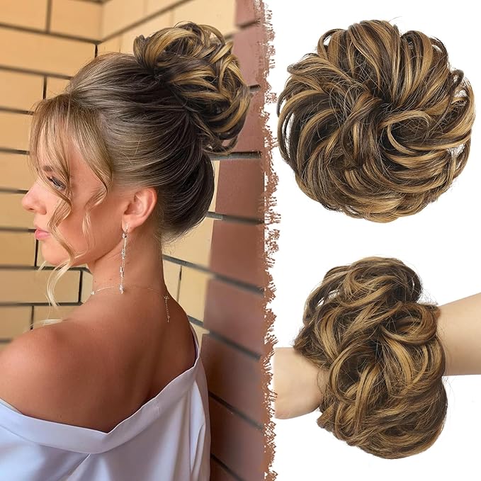 FESHFEN Messy Bun Hair Piece - Large Elastic Wavy Curly Hair Bun Scrunchies Ponytail Extensions Synthetic Chignon Hairpieces for Women, Brown Highlighted Caramel Blonde 1.94oz