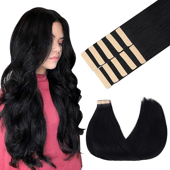 GOO GOO Tape in Hair Extensions Human Hair, 1 Jet black, 24inch 30g 10pcs, Skin Weft Seamless Invisible, Silky Straight with Thick Ends, Remy Human Hair