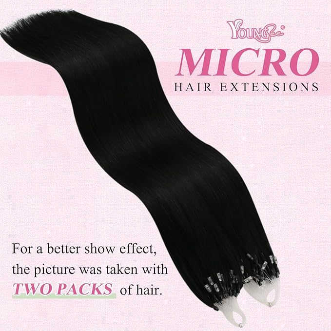 YoungSee Micro Bead Hair Extensions Real Human Hair Black Microlink Hair Extensions Human Hair Jet Black Beaded Hair Extension 24 Inch Micro Hair Extension Remy Hair Natural for Long Hair 50s 50g