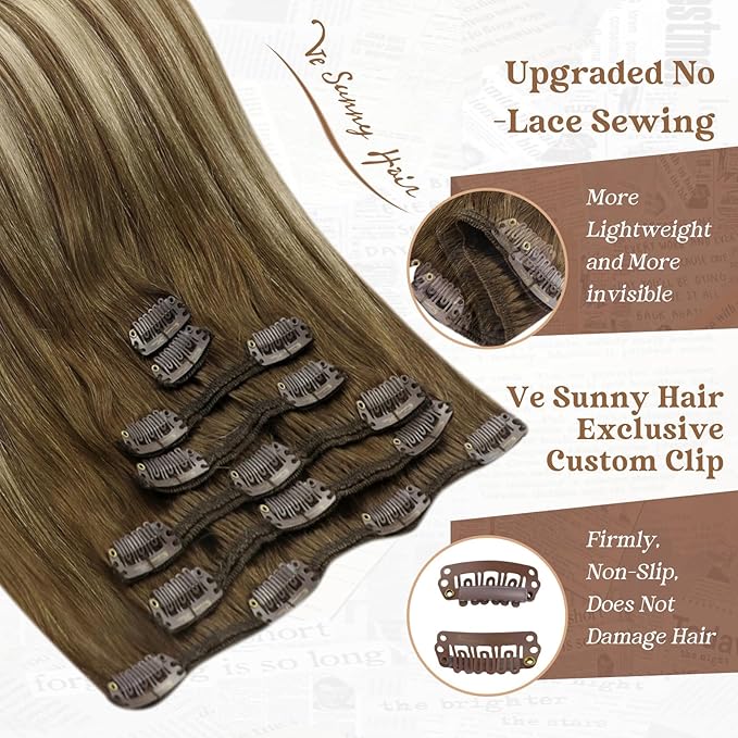 Ve Sunny Balayage Clip in Hair Extensions Brown Blonde Human Hair Clip in Extensions Ombre Hair Extensions Real Human Hair Clip ins Short Straight Hair Soft and Natural 100g 14in