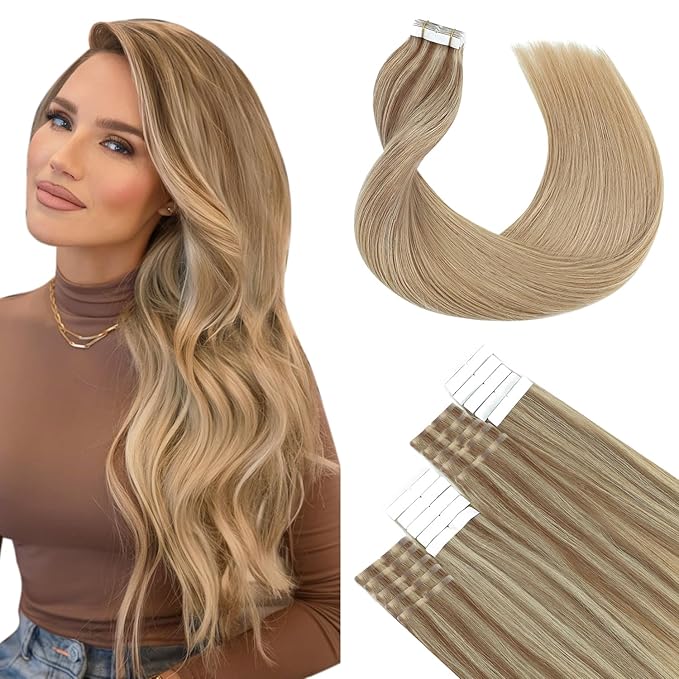 SURNEL Tape in Hair Extensions Human Hair 22inch Balayage Golden Brown Highlighted Fading to Golden Blonde Tape Hair Extensions 20 pcs 50g(#10/16/16-22)