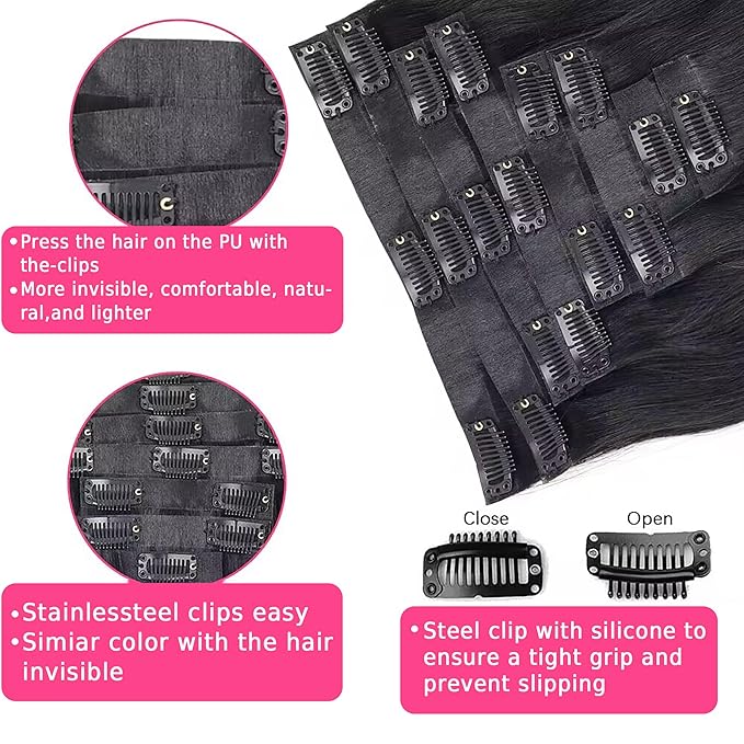 Body Wave Seamless Clip In Hair Extensions Real Human Hair Clip Ins 100% Unprocessed Human Hair Extensions 8pcs with 18Clips Per Set 120g(24inch,Natural Black)