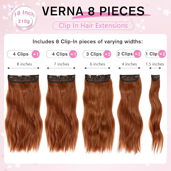 Clip in Hair Extensions for Women, 16 Inch Wavy Copper Hair Extensions Clip Ins, 8PCS Synthetic Curly Hairpieces for Women DailyParty Use