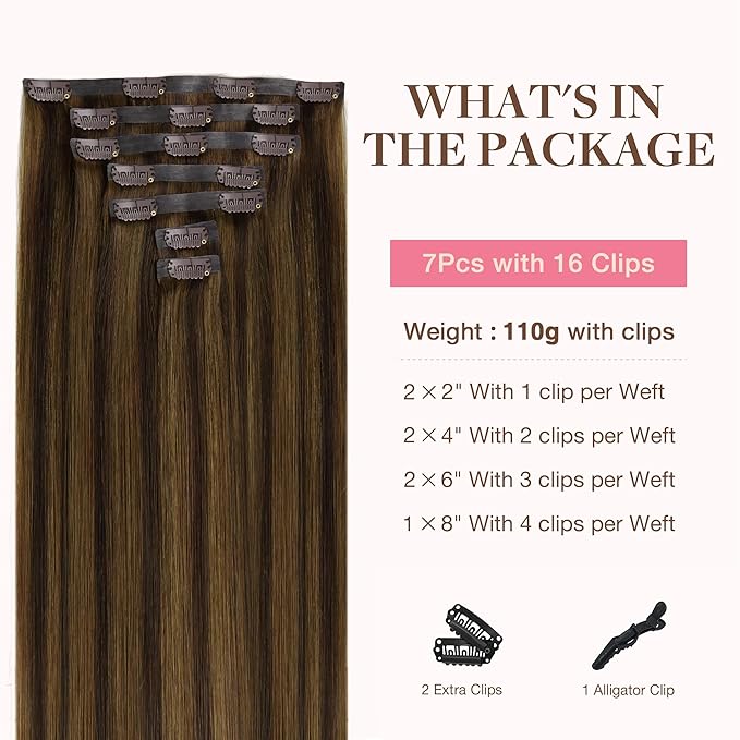 GOO GOO Clip in Hair Extensions Real Human Hair, Remy Human Hair Extensions Clip ins for Women, Natural Human Hair, 22inch 110g 7Pcs, 2C/4E/6C Brown Sugar Swirl Highlights