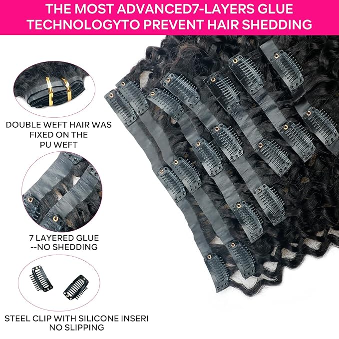 Seamless Curly Clip in Hair Extensions Real Human Hair Brazilian Virgin Human Hair Clip in Extensions 8Pcs Seamless Clip ins for Black Women with 18Clips PU Skin Weft 120g 24inch Natural Black