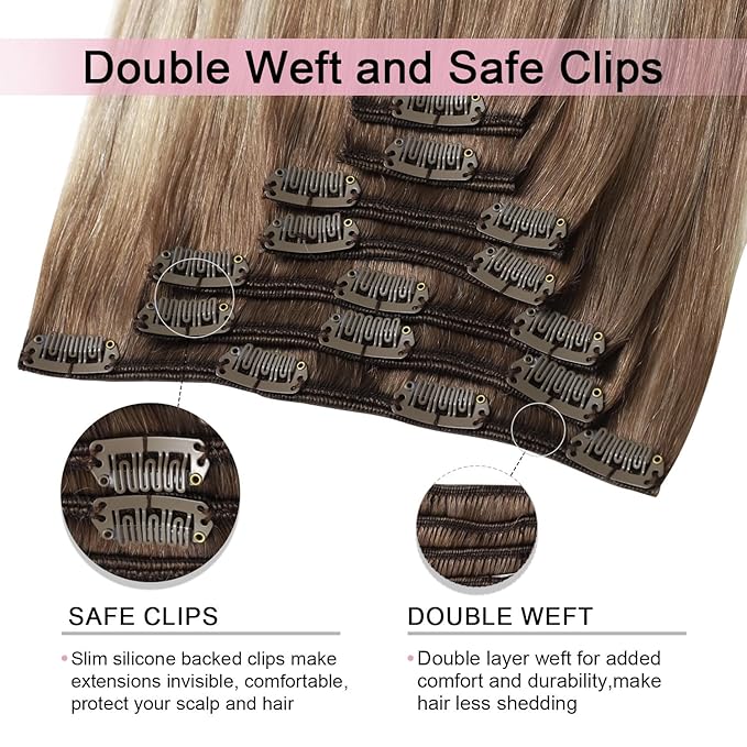 Pro2.0 Clip in Hair Extensions Real Human Hair 120g Thick 7pcs Color #8/60 Ash Brown to Platinum Blonde Remy Real Human Hair Extensions Clip ins 14inch Double Weft（#8/60-14inch）