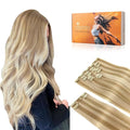 DOORES Human Hair Extensions Clip in Dark Blonde Highlighted Bleach Blonde - 150g 9pcs 16 Inch Remy Straight Natural Hair Extensions