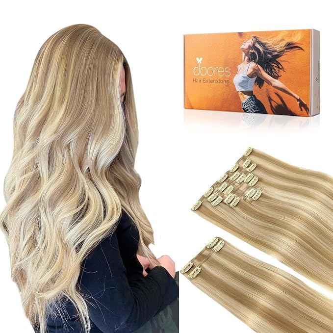 DOORES Human Hair Extensions Clip in, Dark Blonde Highlighted Bleach Blonde 150g 9pcs 22 Inch, Clip in Hair Extensions Real Natural Silky