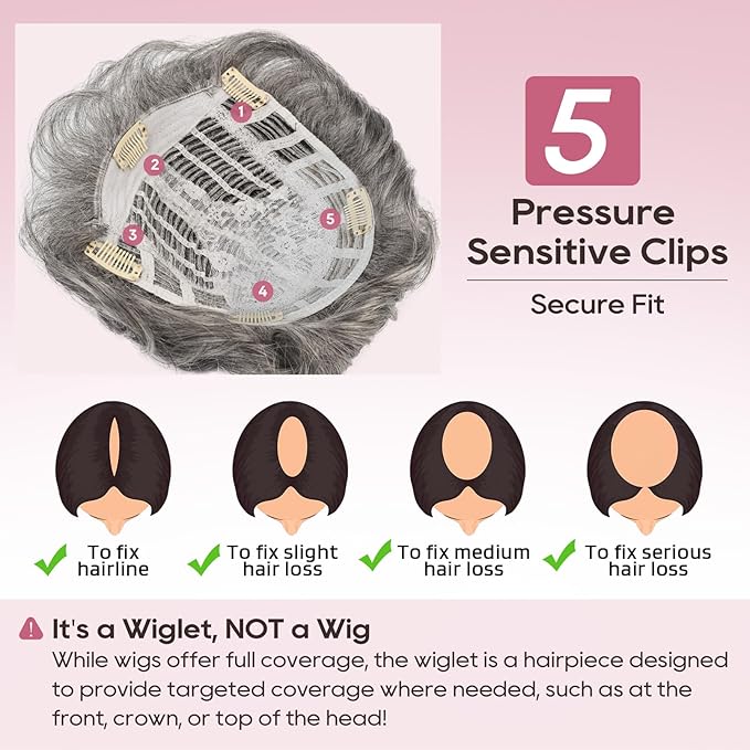 REECHO Hair Topper, Short Wiglet Hair Topper for Women with Thinning Large Coverage Synthetic Top Crown Hairpiece for Women - Grey