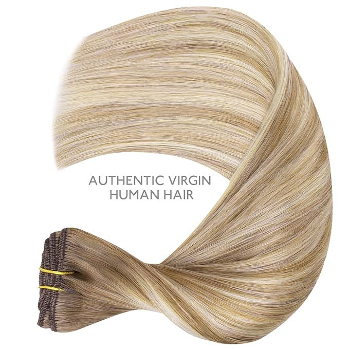 WENNALIFE Clip in Hair Extensions Real Human Hair, 14 Inch 120g 7pcs Balayage Dirty Blonde with Platinum Ends Remy Hair Natural Double Weft