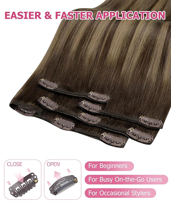 YoungSee 150G Clip in Human Hair Extensions Balayage Chocolate Brown Mix Caramel Blonde Long Straight Hair Extensions Clip ins Reusable Clip Hair Extension Human Hair Long 22inch 7pcs