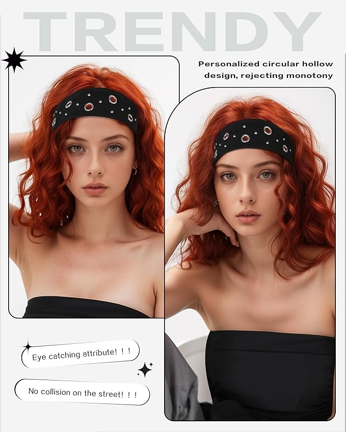 Grommet Headband for Women, Black Round Studs 23cm Hollow Out Elastic Hair Band, Eyelets Punk Grunge Stylish Hairband