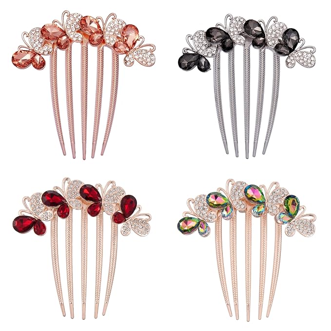 Hair Side Comb Crytal Hair Pins for Bridal, Butterfly Rhinestone Hair Clips Wedding Flower Hair Decorations Hair Tools for Brides Bridesmaids Women Ladies (4 Pack)