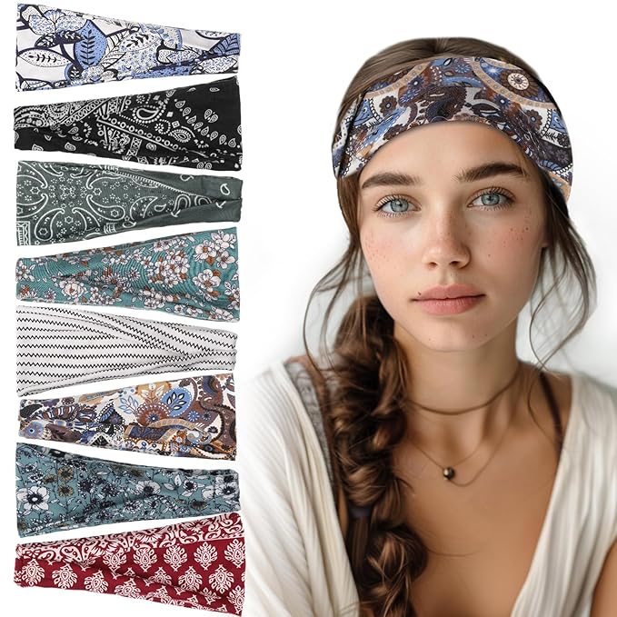 obeoby 8 Pack Headbands for Women, Boho Style Headbands Non Slip Fashion Wide Hairband Boho Outfits Accessories for Women Girls