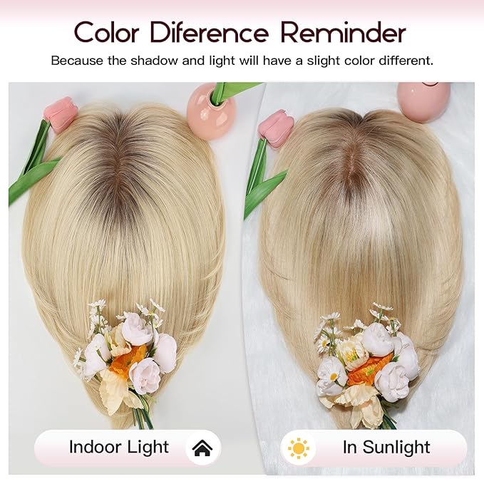 EMMOR Human Hair Toppers for Women Short Bob Real Hair with Bangs 10" Side Part Hairpieces for Women with Thin Hair 6.5" × 6.5" Larger Base Human Wig Toppers(Ombre Light Blonde)