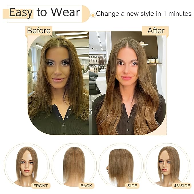 SEGO Human Hair Toppers for Women With Thinning-Hair, 7 * 13CM Silk Base 100% Real Human-Hair Clip in Top Wiglet Hairpieces -14 Inch No Bangs Light Brown