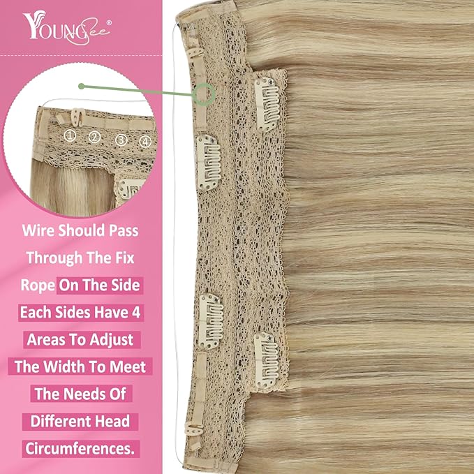 YoungSee Invisible Wire Hair Extensions Blonde Highlight Wire Hair Extensions Real Human Hair Golden Blonde Highlights Light Blond Human Hair Fish Line Extensions for Women 14In 80G