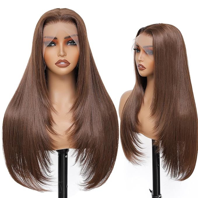 Chocolate Brown 13x4 Layered Hairstyle Synthetic Lace Front Wig Glueless Pre Plucked 26inch Dark Brown Long Straight Black Wig for Women Beginner Friendly