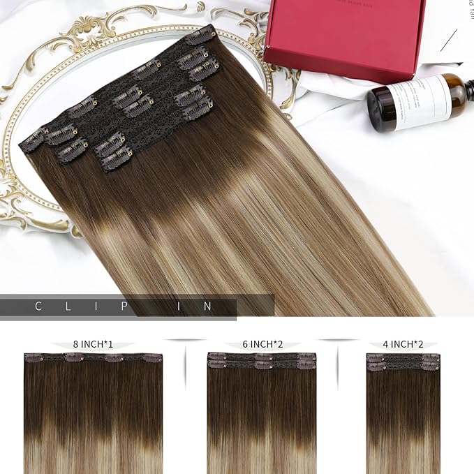 Moresoo Human Hair Clip in Extensions Ombre Cool Brown to Medium Blonde with Light Brown Clip in Hair Extensions Short Real Human Hair Clip ins Double Weft 80g/5pcs 14 inch