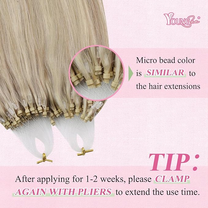 YoungSee Micro Beads Hair Extensions Blonde Micro Loop Hair Extensions Real Human Hair Ash Blonde Mix Blond Highlight Beaded Hair Extension Real Human Hair for Long Hair 24 Inch 50g 50s