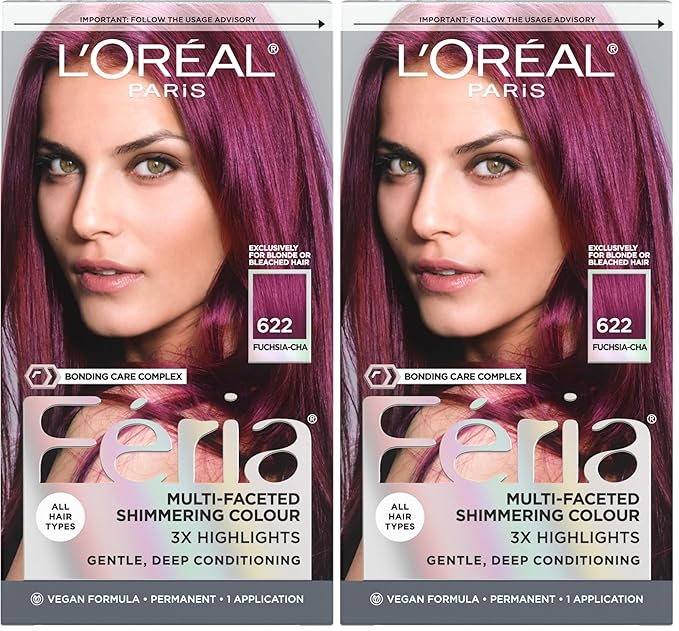 L'Oreal Paris Feria Multi-Faceted Shimmering Permanent Hair Color, 622 Fuchsia-cha, Pack of 2 Hair Dye Kit