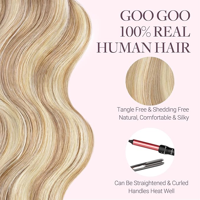 GOO GOO Tape in Hair Extensions Human Hair, 18F/60A Balayage Light Wheat Platinum Blonde, 24inch 50g 20pcs, Skin Weft Seamless Invisible, Silky Straight with Thick Ends, Remy Human Hair