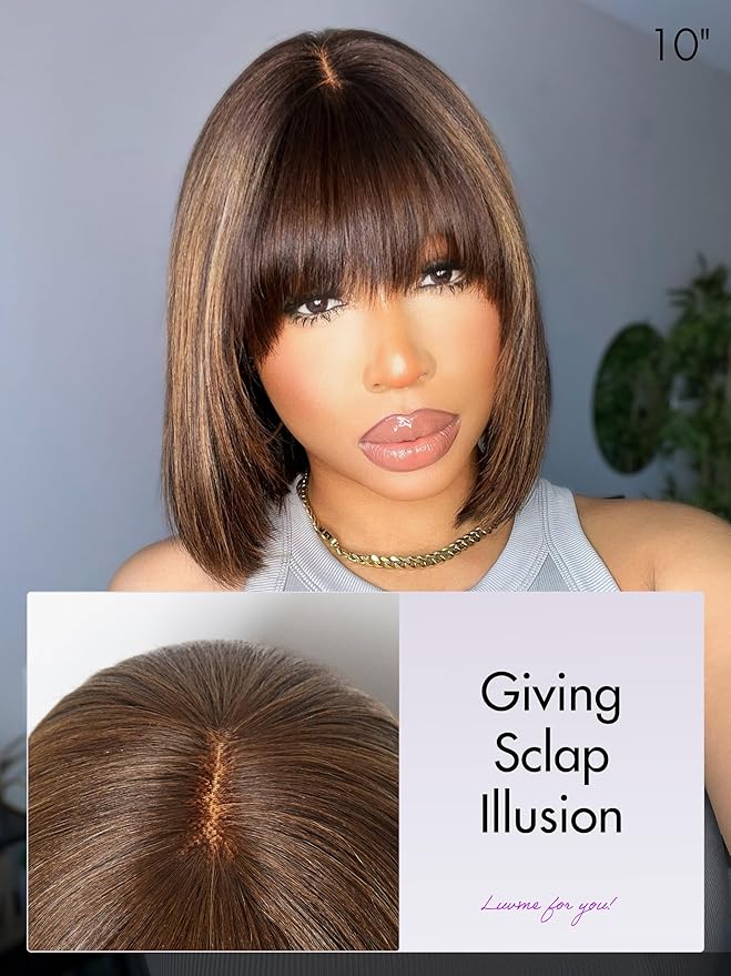 LUVME HAIR 10 Inch Yaki Straight Bob Wig with Bangs Ash Blonde Highlights Blunt Cut Bob Wig Human Hair Glueless HD Lace Bob Wig Ready to Go Short Wigs For Women 180 Density (Breathable Cap)