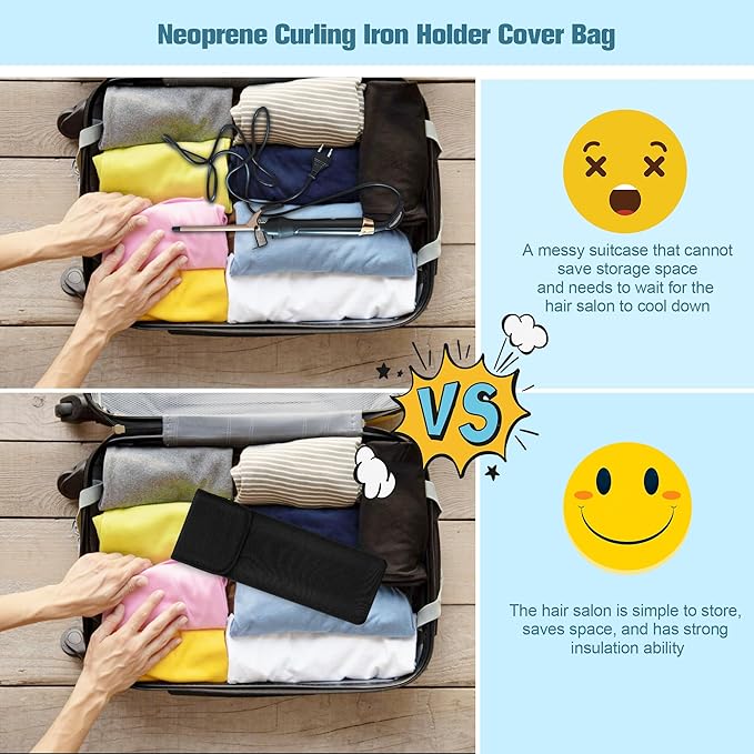 Women's Heat Resistant Neoprene Curling Iron Holder Flat Iron Curling Wand Travel Storage Cover Case Bag Pouch -Water-Resistant (Black)