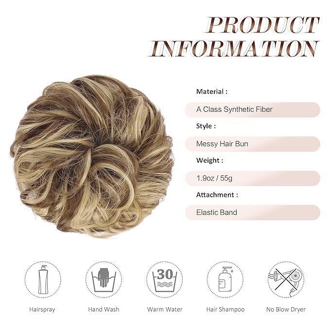 FESHFEN Messy Bun Hair Piece - Large Elastic Wavy Curly Hair Bun Scrunchies Ponytail Extensions Synthetic Chignon Hairpieces for Women, Light Brown & Blonde 1.94oz