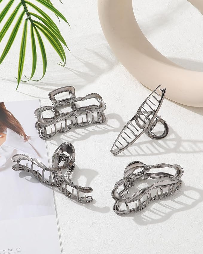 HAIMEIKANG 4 PCs Metal Hair Claw Clips for Women - Irregular Large Hair Clips for Thick Hair Thin Hair Non-Slip Hair Styling Accessories for Women Girls(Metalgray #3)