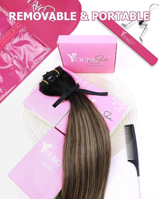 YoungSee Balayage Clip in Hair Extensions Black Ombre Clip ins Extensions Natural Black to Blonde with Brown Balayage Clip in Hair Extensions Real Human Hair Natural Hair for Women 22Inch 120G 7Pcs