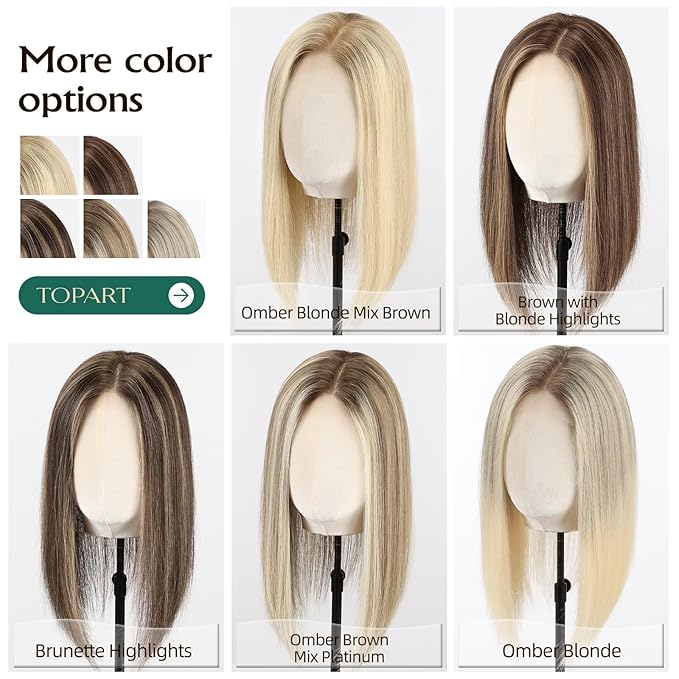 Full Hand Tied Hair Toppers for Women Remy Human Hair Lace Front Topper 14 Inch 6"×6" Partial wig Cover Thinning Hair or Loss No Bangs Top Hair Pieces (Blonde Mixed)