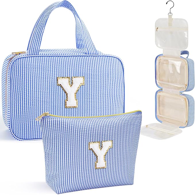 YOOLIFE Travel Toiletry Bag for Women - Hanging Toiletry Bag Makeup Bag, Portable Toiletries Travel Bag and Cosmetic Bag Essentials - Letter Y, Blue