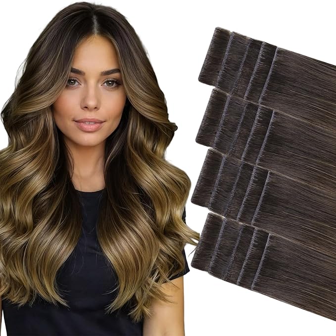 GOO GOO Invisi Edge Tape in Hair Extensions Human Hair, 1D/2C/4E Chocolate Dip Color Melt 20pcs 16inch 50g, Virgin Remy Hair, Seamless Injected Tape, Natural Look
