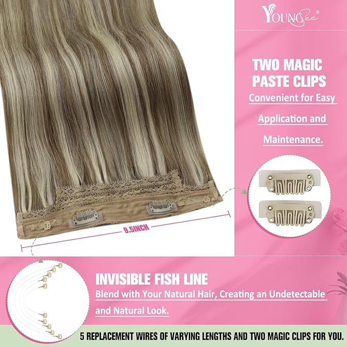 YoungSee Wire Hair Extensions Human Hair Highlight Hair Extensions Wire Light Brown Highlights Blonde Fish Line Hair Extension Real Human Hair for Women 16In 80G
