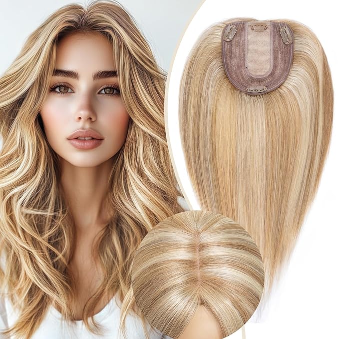 Rich Choices Hair Toppers for Women Real Human Hair 100% Human Remy Toppers NO Bangs with Thinning on Top Clip in Hairpiece 4"x4.7"Lace Base 10 Inch #12P613 Golden Brown Highlights Bleach Blonde