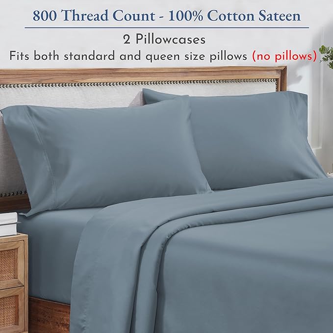 California Design Den Heirloom Soft, Smooth & Thick Certified 800 Thread Count 100% Cotton Sateen, 2 Pillow Cases Standard Size Fits Standard & Queen Size Pillows (Blue)